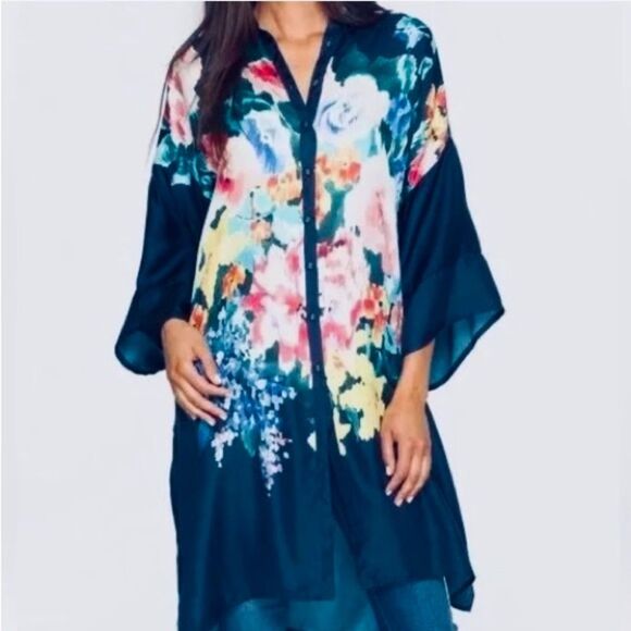 SOLD Johnny Was Malani 100% Silk Floral Print Long Kimono Tunic Navy Blue Size M - Picture 2 of 16